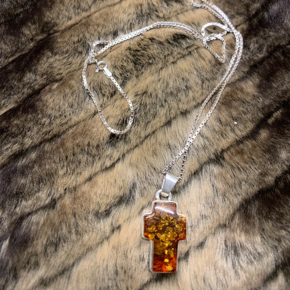 Amber/silver cross pendant WITH chain. #A46